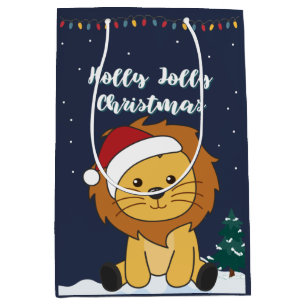 Sacola Para Presentes Média Leão de Natal Neve Fresca Animais de inverno Leões