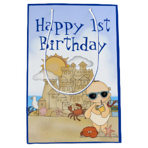 Sacola Para Presentes Média Legal Beach Baby Sandcastle Boy primeiro aniversar