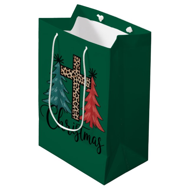 Sacola Para Presentes Média Leopard Cruz Árvores de Natal Cristão  (Frente inclinada)