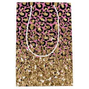 Sacola Para Presentes Média Leopardo Dourado, preto-rosa, brilhante