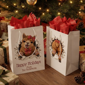 Sacola Para Presentes Média Lhama de Natal Irrompendo pela Frente e por Trás