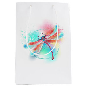 Sacola Para Presentes Média libélula vermelha sobre fundo de aquarela