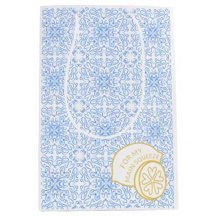 Sacola Para Presentes Média Limão e Azulejo Azul Amalfi