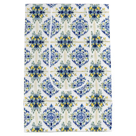 Sacola Para Presentes Média Limão Floral Italiano Azulejo Azul e Branco