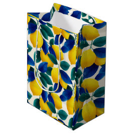 Sacola Para Presentes Média Limão Vibrante e Folhas Azuis Padrão de Aquarela