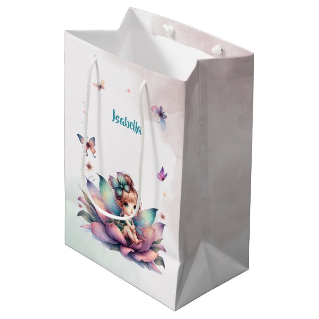 Sacola Para Presentes Média Linda fada sentada dentro da flor (Frente inclinada)