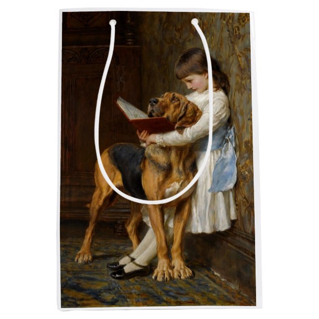 Sacola Para Presentes Média Linda garota lendo sua bolsa de presente de cachor (Frente)