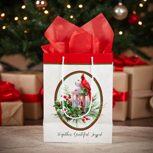 Sacola Para Presentes Média Linda lanterna com azevinho e cardeal de Natal