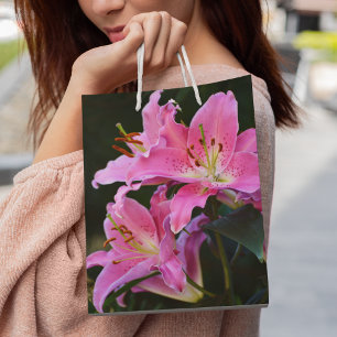 Sacola Para Presentes Média Linda Lily Blooms Rosa Floral