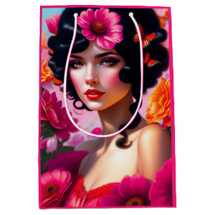 Sacola Para Presentes Média Linda Vintage Lady Na Desnutação Vermelha