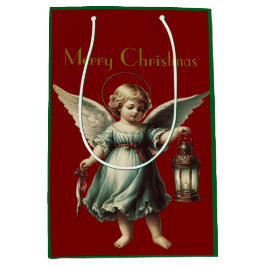 Sacola Para Presentes Média Lindo Anjo de Natal Vintage e Lanterna