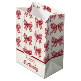 Sacola Para Presentes Média Lindo Laço Xadrez Vermelho e Creme