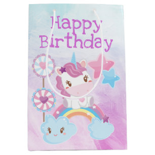 Sacola Para Presentes Média Lindo Sonho Kawaii Unicórnio Arco-íris Aniversário