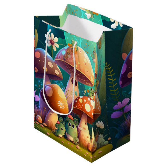 Sacola Para Presentes Média Lindos elfos brincam sob o saco de presentes de co (Frente inclinada)