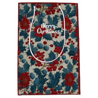 Sacola Para Presentes Média Linho Botânico de Natal Vintage com Frutas Vermelh