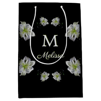 Sacola Para Presentes Média Lírios Brancos Elegantes Monograma Nome Floral