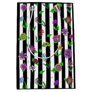 Sacola Para Presentes Média Listrado Preto e Branco Floral Caprichoso