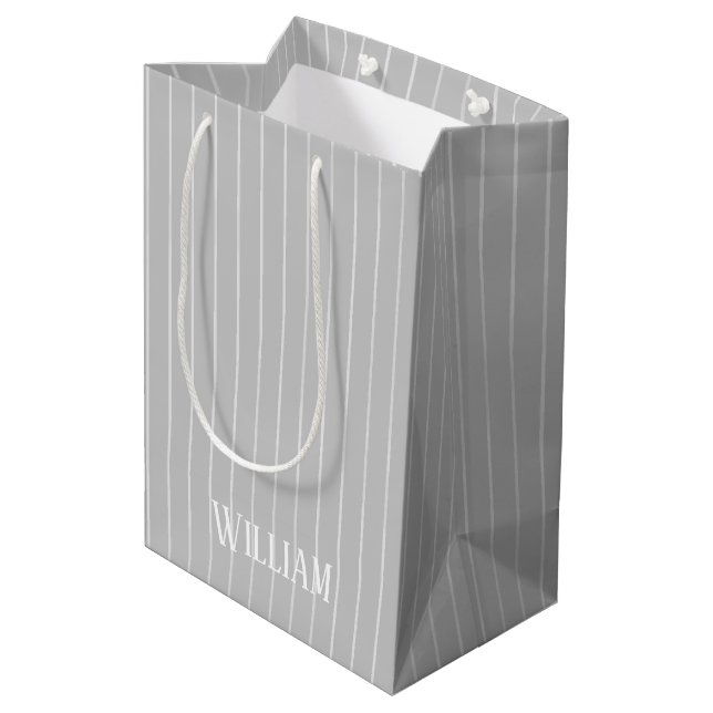 Sacola Para Presentes Média Listras de cinza personalizadas (Verso inclinado)