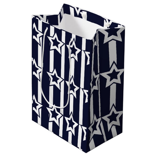 Sacola Para Presentes Média Listras de Estrela Branca Azul Marinho  (Frente inclinada)