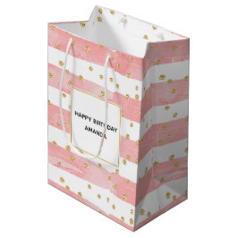 Sacola Para Presentes Média Listras de Lâmpada Rosa | Faux Dourado Confetti Bi