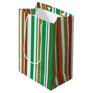 Sacola Para Presentes Média Listras de Natal Vermelho Verde e Dourado Modernas