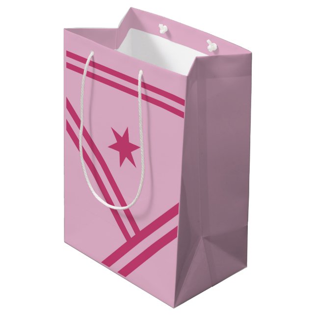 Sacola Para Presentes Média Listras diagonais rosa Lilás estrela gráfica moder (Verso inclinado)