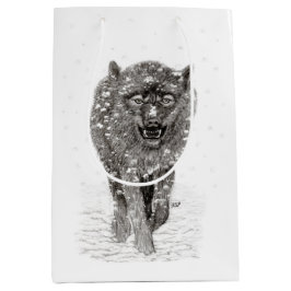 Sacola Para Presentes Média Lobo Negro Zangado na Neve, inverno selvagem