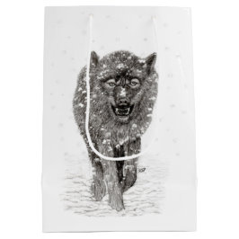 Sacola Para Presentes Média Lobo Negro Zangado na Neve, inverno selvagem
