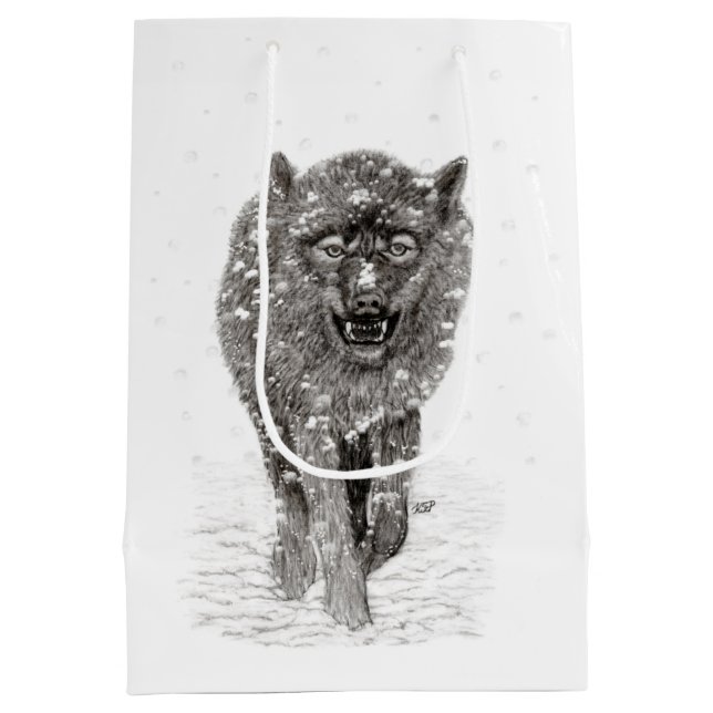 Sacola Para Presentes Média Lobo Negro Zangado na Neve, inverno selvagem (Verso)