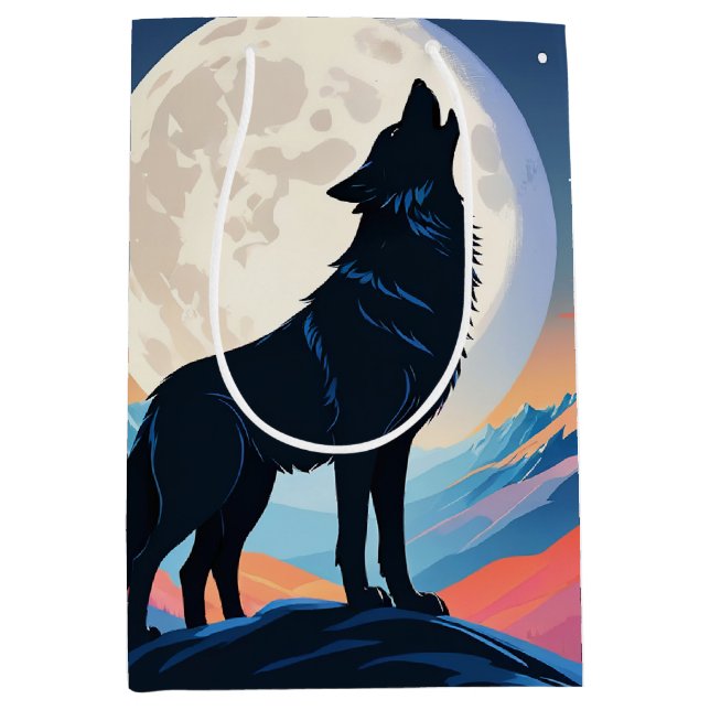 Sacola Para Presentes Média Lobo Uivando Para a Lua (Frente)