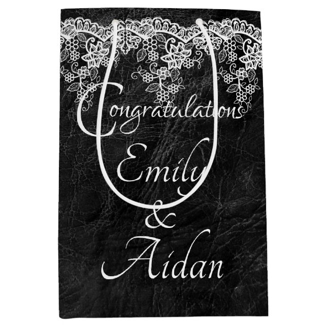 Sacola Para Presentes Média Local De Casamento Branco Sobre Couro (Frente)