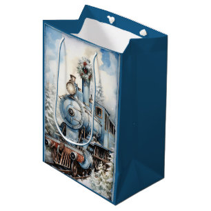 Sacola Para Presentes Média Locomotiva Vintage decorada no Natal Azul