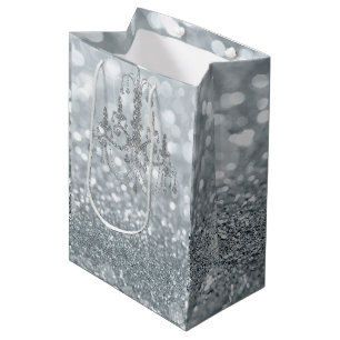 Sacola Para Presentes Média Lustre Branco Prateado Bokeh Glamour Pingente Bril