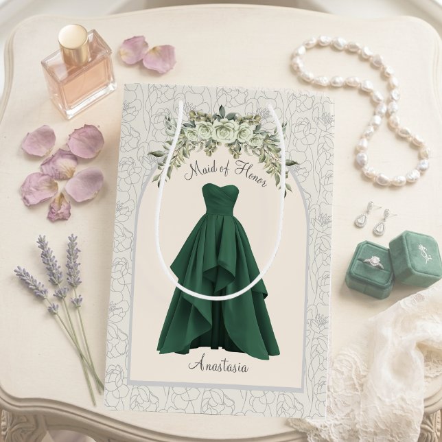Sacola Para Presentes Média Luxe Esmeralda Verde Dama de Honra Personalizada (Luxe Maid of Honor proposal gift bag personalized forest green wedding party gift packaging)