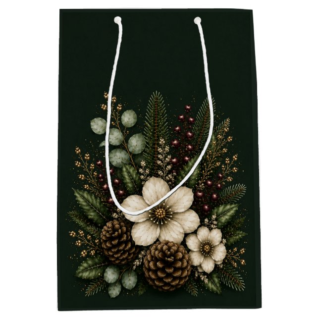 Sacola Para Presentes Média Luxo Midnight Evergreen Botânico  (Frente)