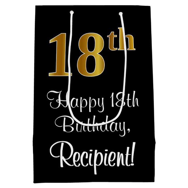 Sacola Para Presentes Média Luxuoso, Elegante, Faux Dourado, 18º aniversário (Verso)