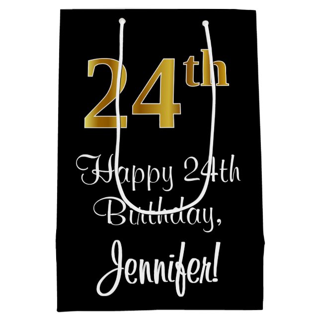 Sacola Para Presentes Média Luxuoso, Elegante, Faux Dourado, 24.º aniversário (Verso)