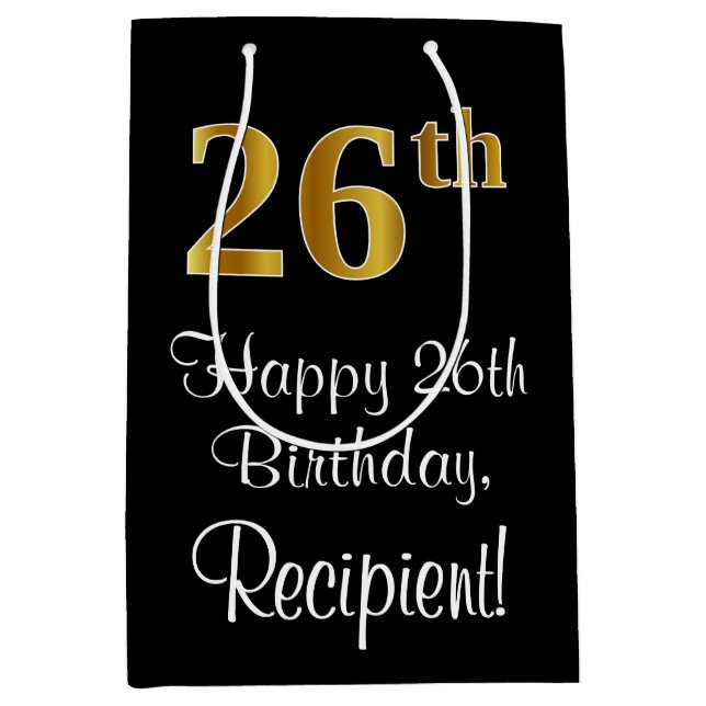 Sacola Para Presentes Média Luxuoso, Elegante, Faux Dourado, 26º aniversário (Frente)