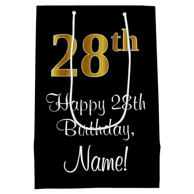 Sacola Para Presentes Média Luxuoso, Elegante, Faux Dourado, 28º aniversário (Verso)