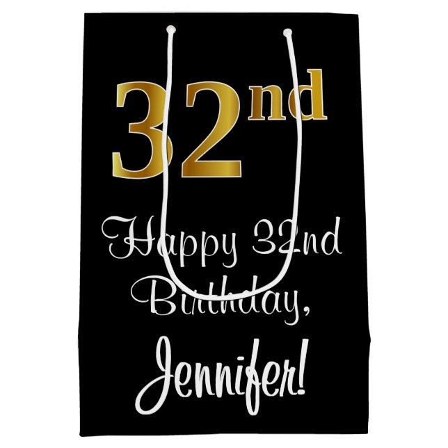 Sacola Para Presentes Média Luxuoso, Elegante, Faux Dourado, 32º Aniversário (Verso)