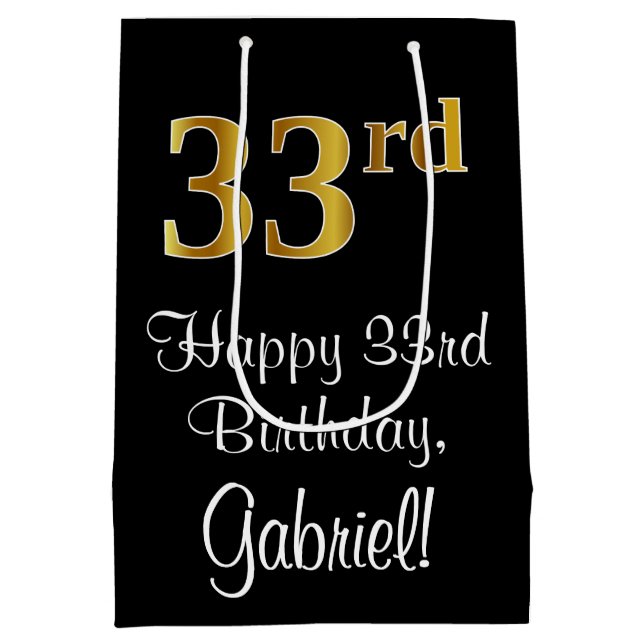 Sacola Para Presentes Média Luxuoso, Elegante, Faux Dourado, 33º Aniversário (Verso)