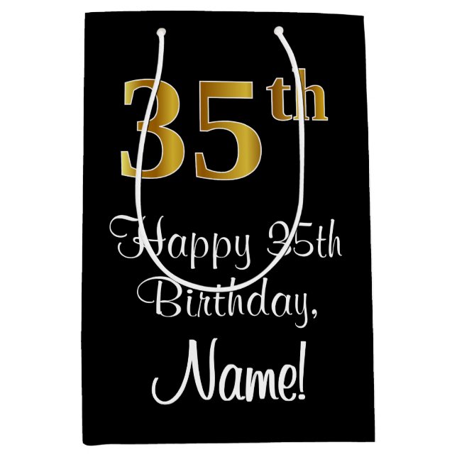 Sacola Para Presentes Média Luxuoso, Elegante, Faux Dourado, 35º aniversário (Frente)