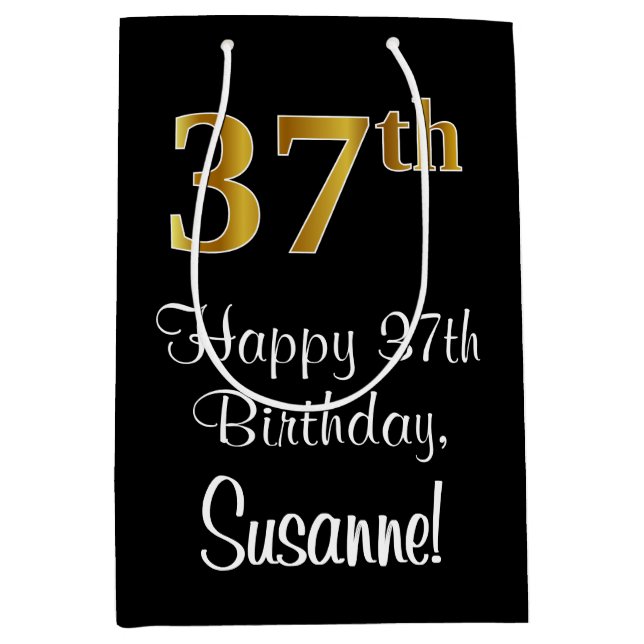 Sacola Para Presentes Média Luxuoso, Elegante, Faux Dourado, 37º Aniversário (Frente)