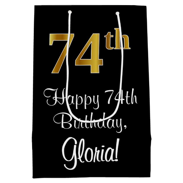 Sacola Para Presentes Média Luxuoso, Elegante, Faux Dourado, 74º Aniversário (Verso)