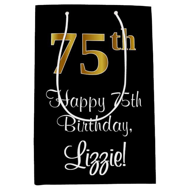 Sacola Para Presentes Média Luxuoso, Elegante, Faux Dourado, 75.º aniversário (Frente)