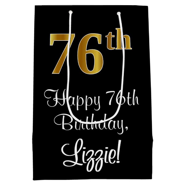 Sacola Para Presentes Média Luxuoso, Elegante, Faux Dourado, 76º aniversário (Verso)