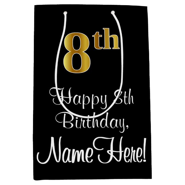 Sacola Para Presentes Média Luxuoso, Elegante, Faux Dourado, 8º aniversário (Frente)