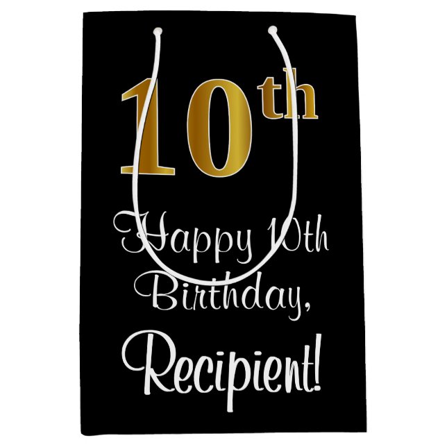 Sacola Para Presentes Média Luxuoso, Elegante, Faux Dourado Olha 10º aniversár (Frente)