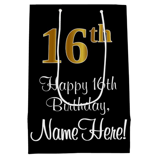 Sacola Para Presentes Média Luxuoso, Elegante, Faux Dourado Olha 16º aniversár (Verso)