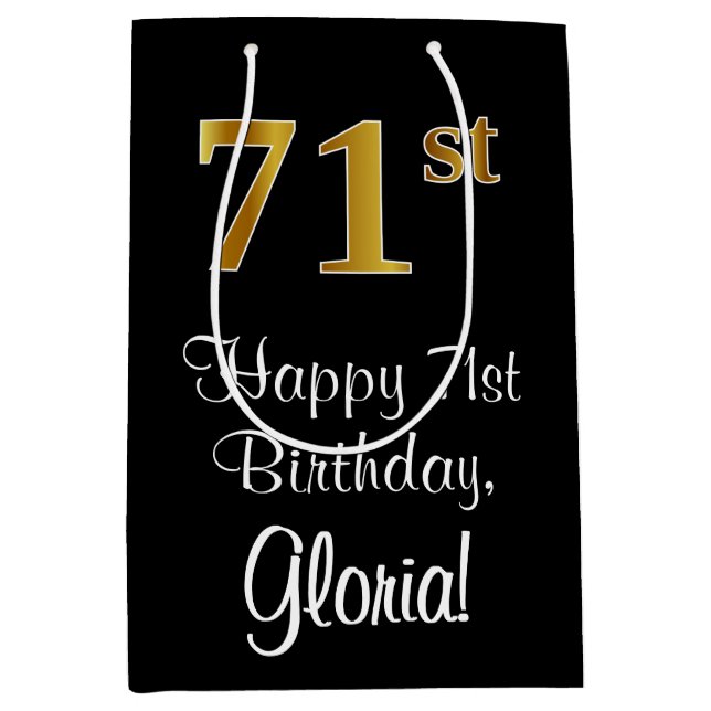 Sacola Para Presentes Média Luxuoso, Elegante, Faux Dourado Olha 71rua Anivers (Frente)